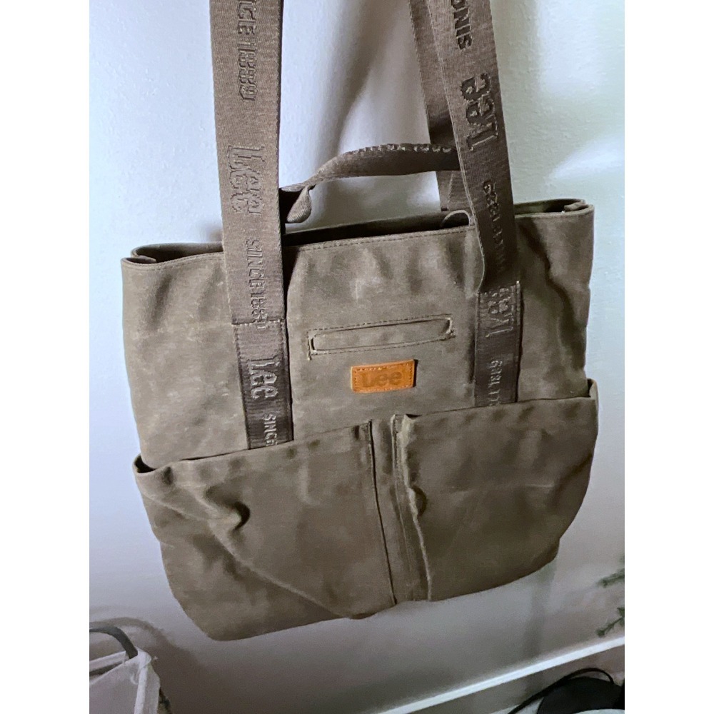 Lee heritage waxed canvas utility computer tote day bag olive leather handle euc